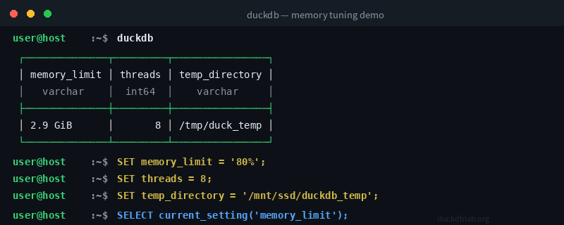 DuckDB CLI terminal: setting memory and thread parameters