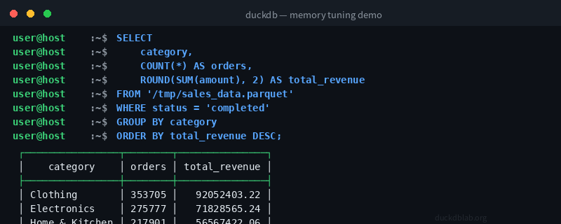 DuckDB terminal: aggregation query results